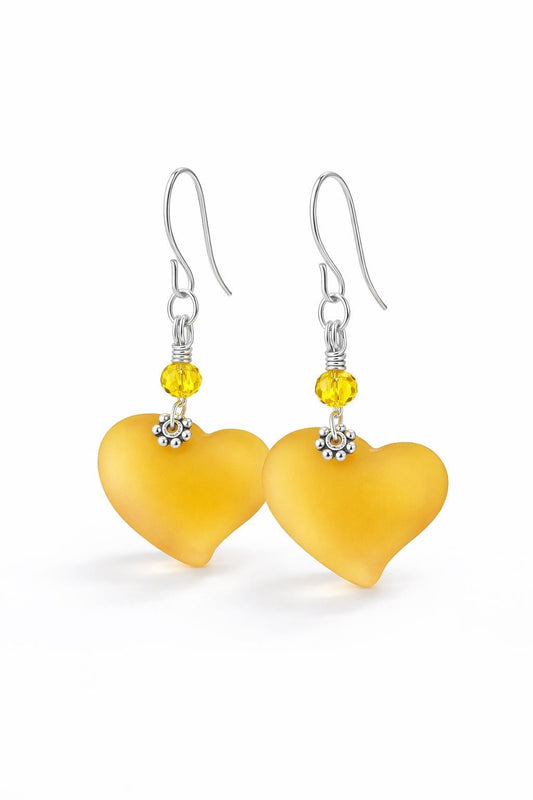 Safron Yellow Heart Earrings for Women, Valentine Gift for Her, Gold Heart Dangle Earrings, Cute Romantic Jewelry, Bridesmaid Gift