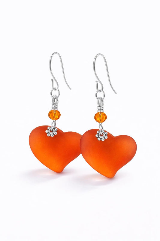Orange Sea Glass Heart Earrings, Fall Jewelry Gift for Her, Sterling Silver Leverback or Hook Dangle Earrings, Autumn Bridesmaid Gift