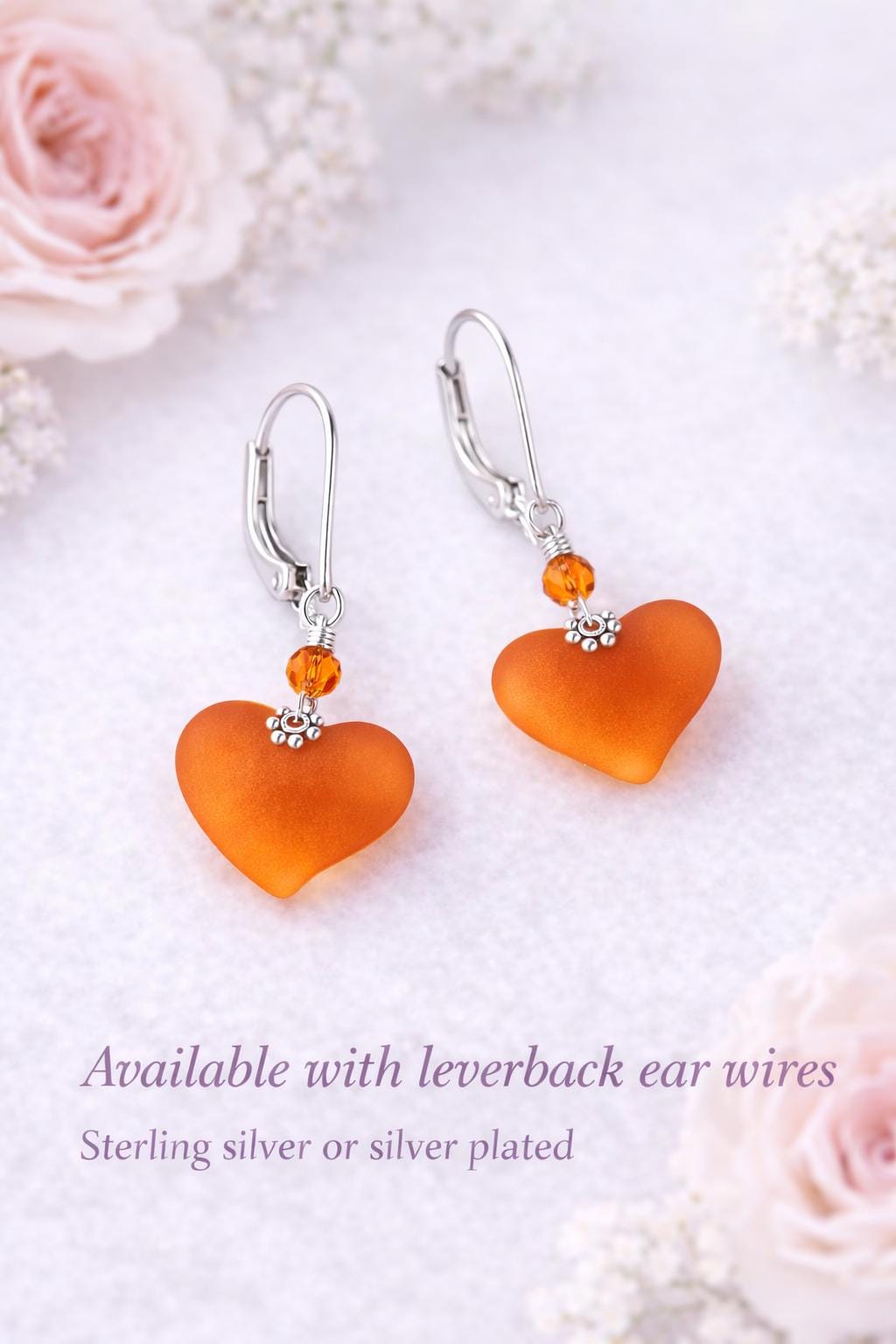 Orange Sea Glass Heart Earrings, Fall Jewelry Gift for Her, Sterling Silver Leverback or Hook Dangle Earrings, Autumn Bridesmaid Gift