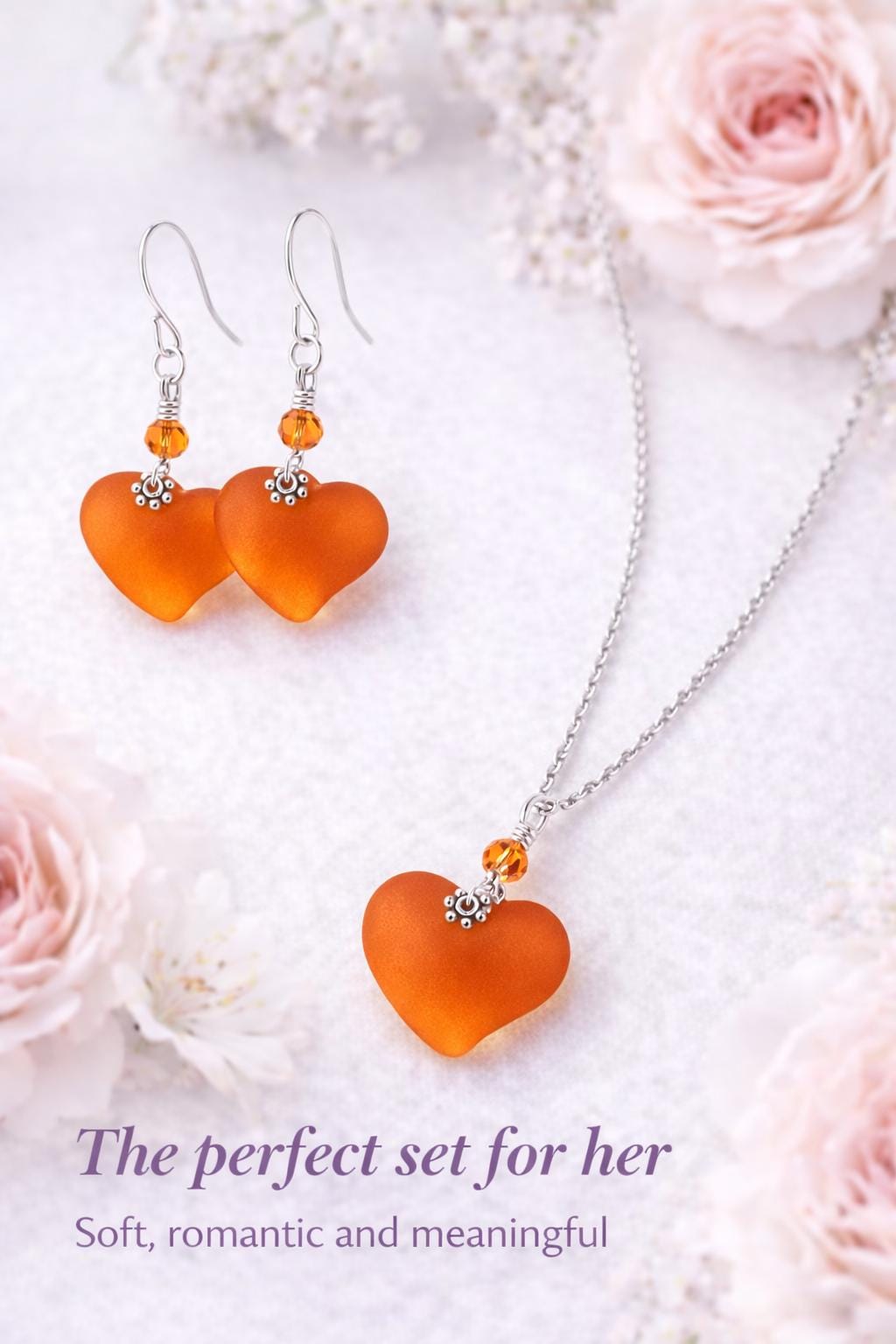 Orange Sea Glass Heart Earrings, Fall Jewelry Gift for Her, Sterling Silver Leverback or Hook Dangle Earrings, Autumn Bridesmaid Gift