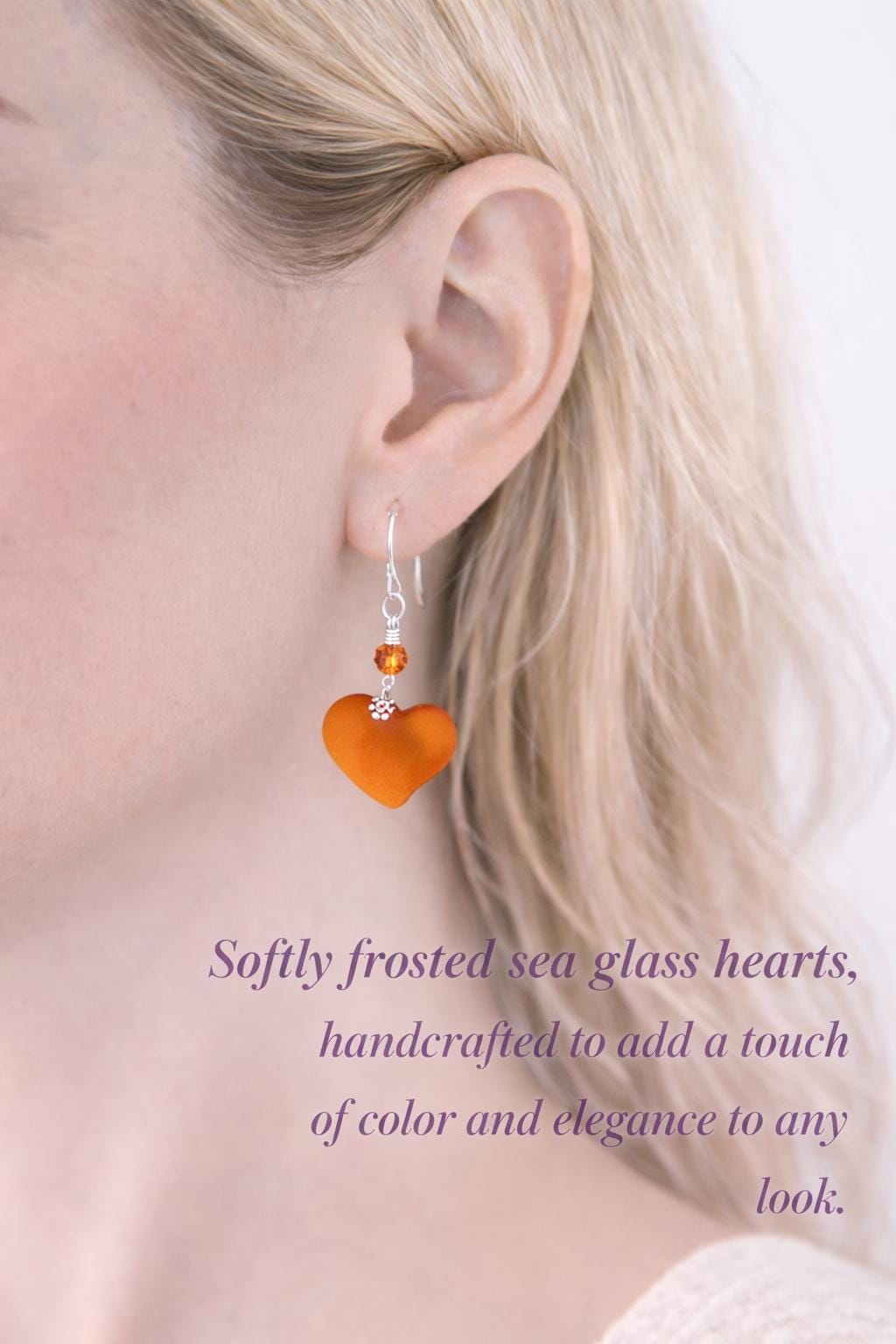 Orange Sea Glass Heart Earrings, Fall Jewelry Gift for Her, Sterling Silver Leverback or Hook Dangle Earrings, Autumn Bridesmaid Gift
