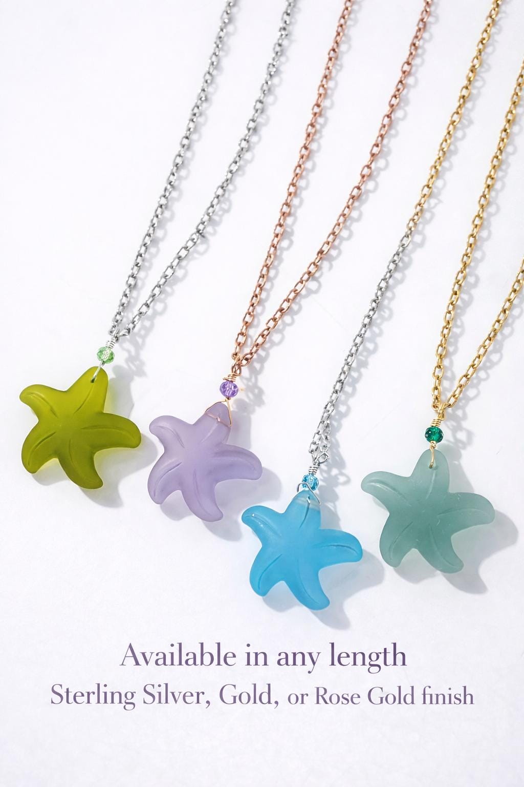 Sea Glass Starfish Necklace, Coastal Beach Jewelry, Ocean Necklace Gift for Her, Mermaidcore Pendant Necklace