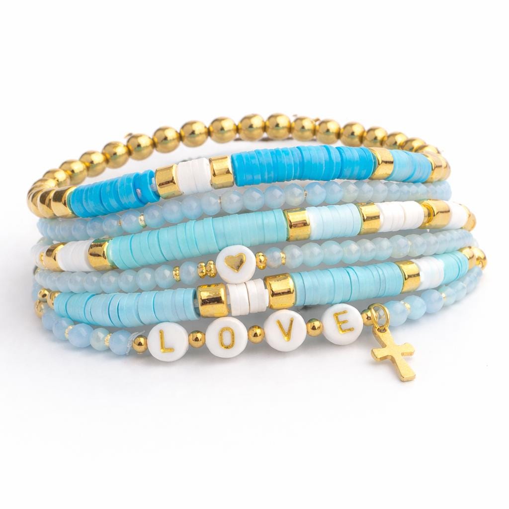 Turquoise Blue Faith Bracelet Stack Set – 7 Piece Stretch Bracelet Set with Cross LOVE Beads, Gold & Ivory Layered Bracelets, Gift for Her