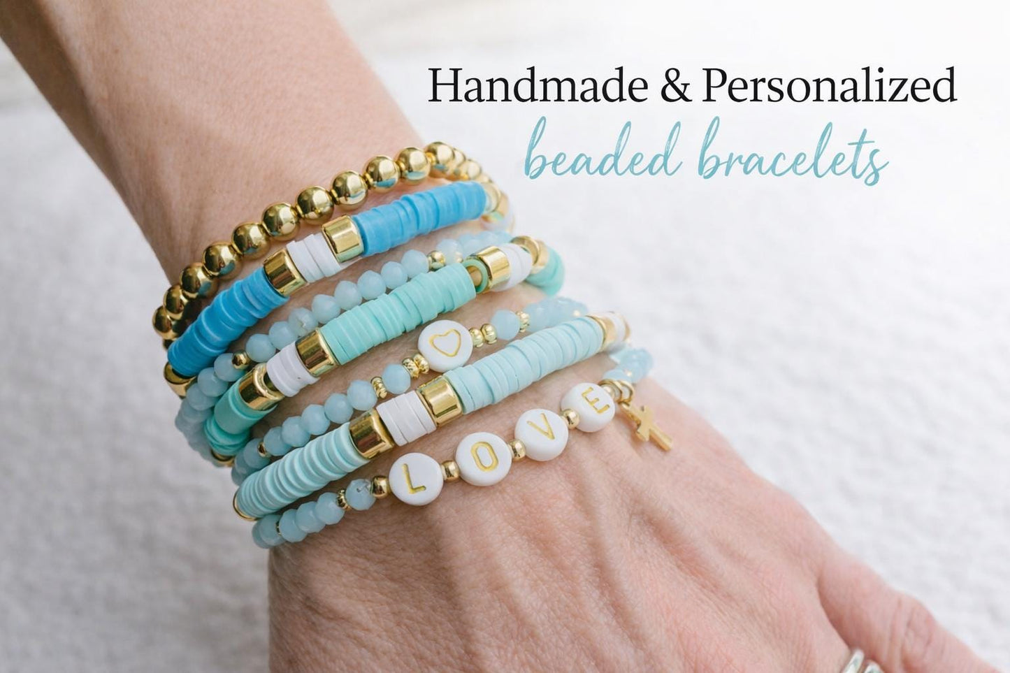 Turquoise Blue Faith Bracelet Stack Set – 7 Piece Stretch Bracelet Set with Cross LOVE Beads, Gold & Ivory Layered Bracelets, Gift for Her