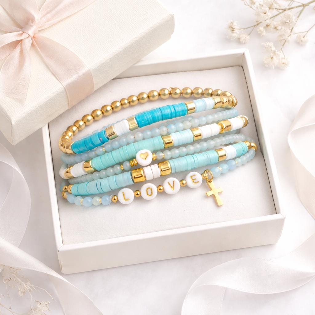 Turquoise Blue Faith Bracelet Stack Set – 7 Piece Stretch Bracelet Set with Cross LOVE Beads, Gold & Ivory Layered Bracelets, Gift for Her