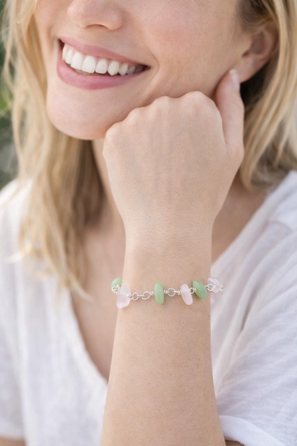 Pastel Pink & Green Bracelet• Handmade Lightweight Everyday Jewelry • Women's Gift