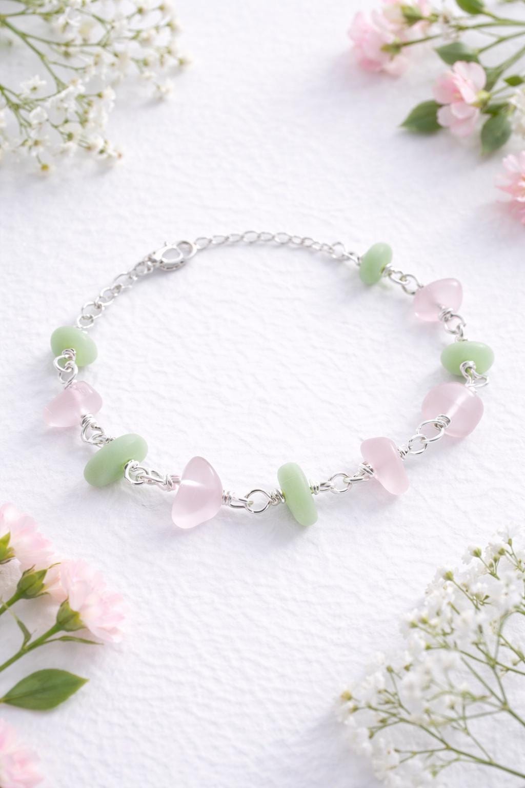 Pastel Pink & Green Bracelet• Handmade Lightweight Everyday Jewelry • Women's Gift