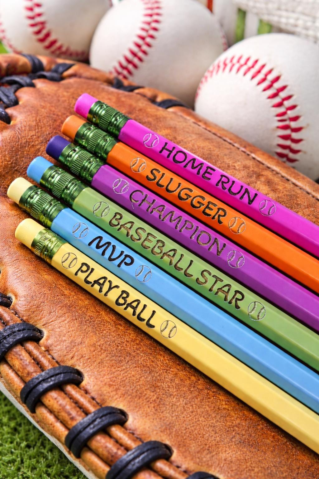 Baseball Party Favor Pencils – Set of 6 Engraved Baseball Pencils, Kids Birthday Party Favors, Team Party Bag Fillers