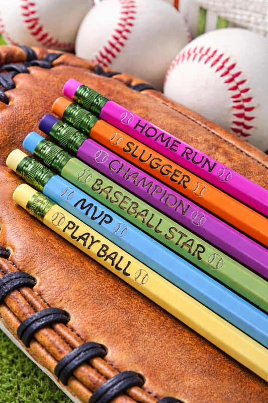 Baseball Party Favor Pencils – Set of 6 Engraved Baseball Pencils, Kids Birthday Party Favors, Team Party Bag Fillers