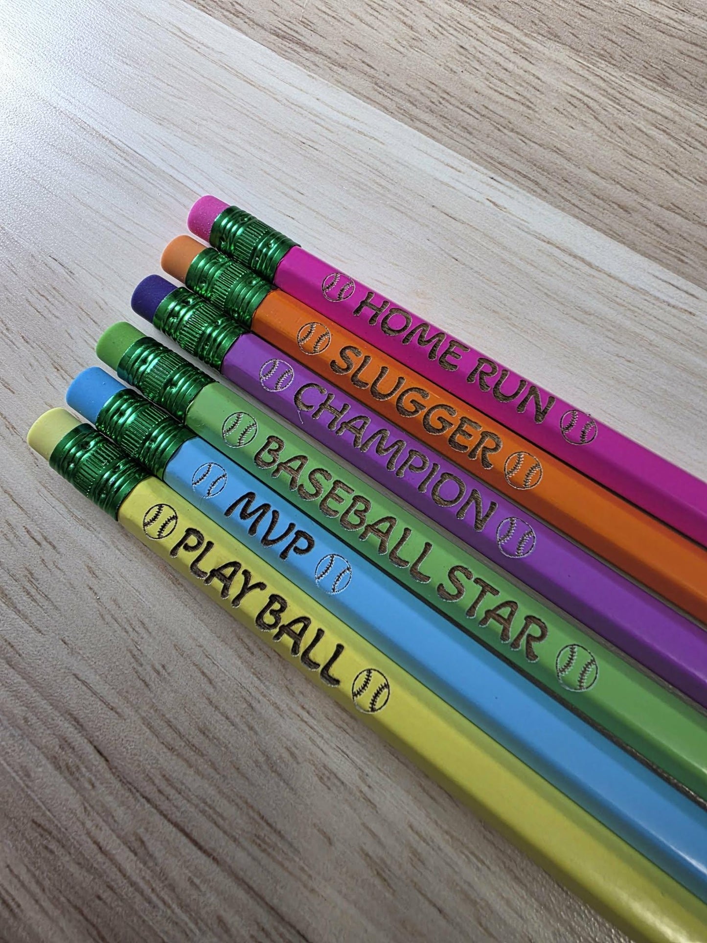 Baseball Party Favor Pencils – Set of 6 Engraved Baseball Pencils, Kids Birthday Party Favors, Team Party Bag Fillers