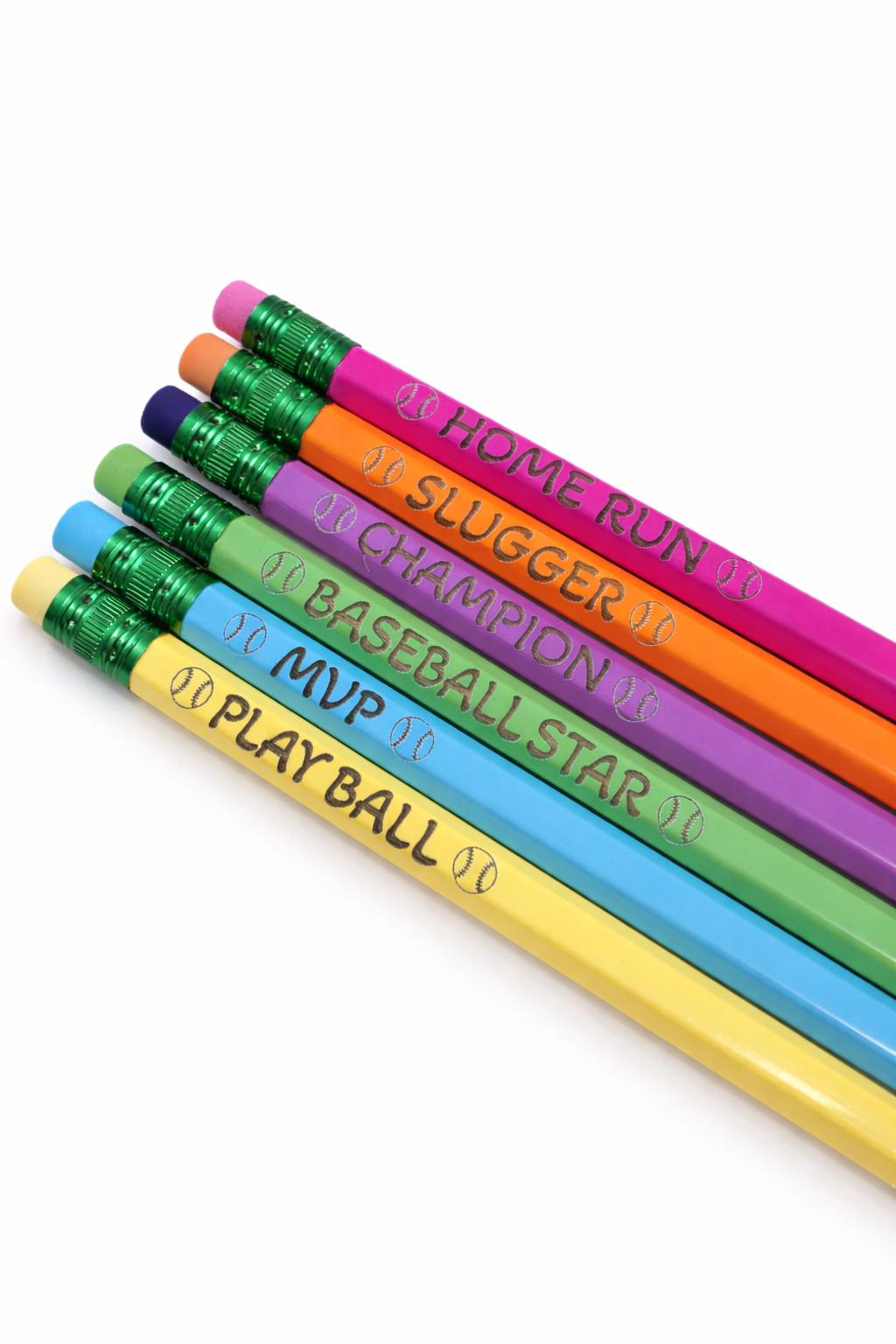 Baseball Party Favor Pencils – Set of 6 Engraved Baseball Pencils, Kids Birthday Party Favors, Team Party Bag Fillers