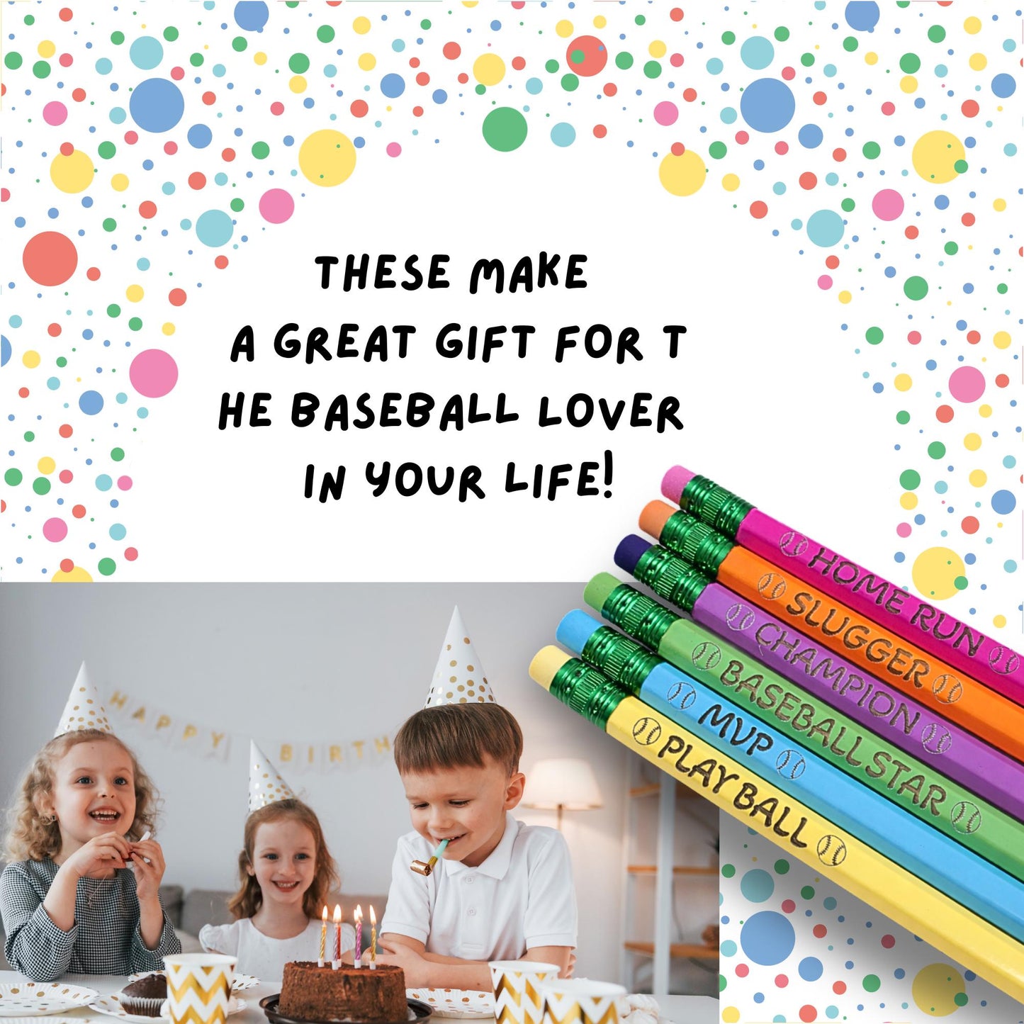 Baseball Party Favor Pencils – Set of 6 Engraved Baseball Pencils, Kids Birthday Party Favors, Team Party Bag Fillers