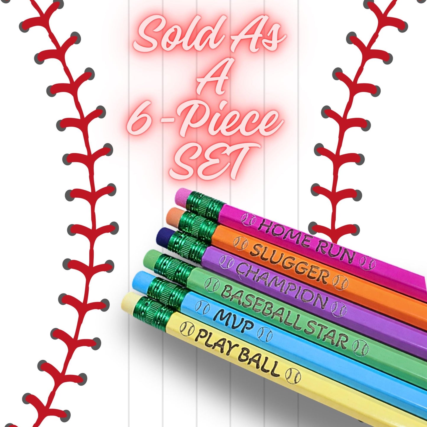 Baseball Party Favor Pencils – Set of 6 Engraved Baseball Pencils, Kids Birthday Party Favors, Team Party Bag Fillers