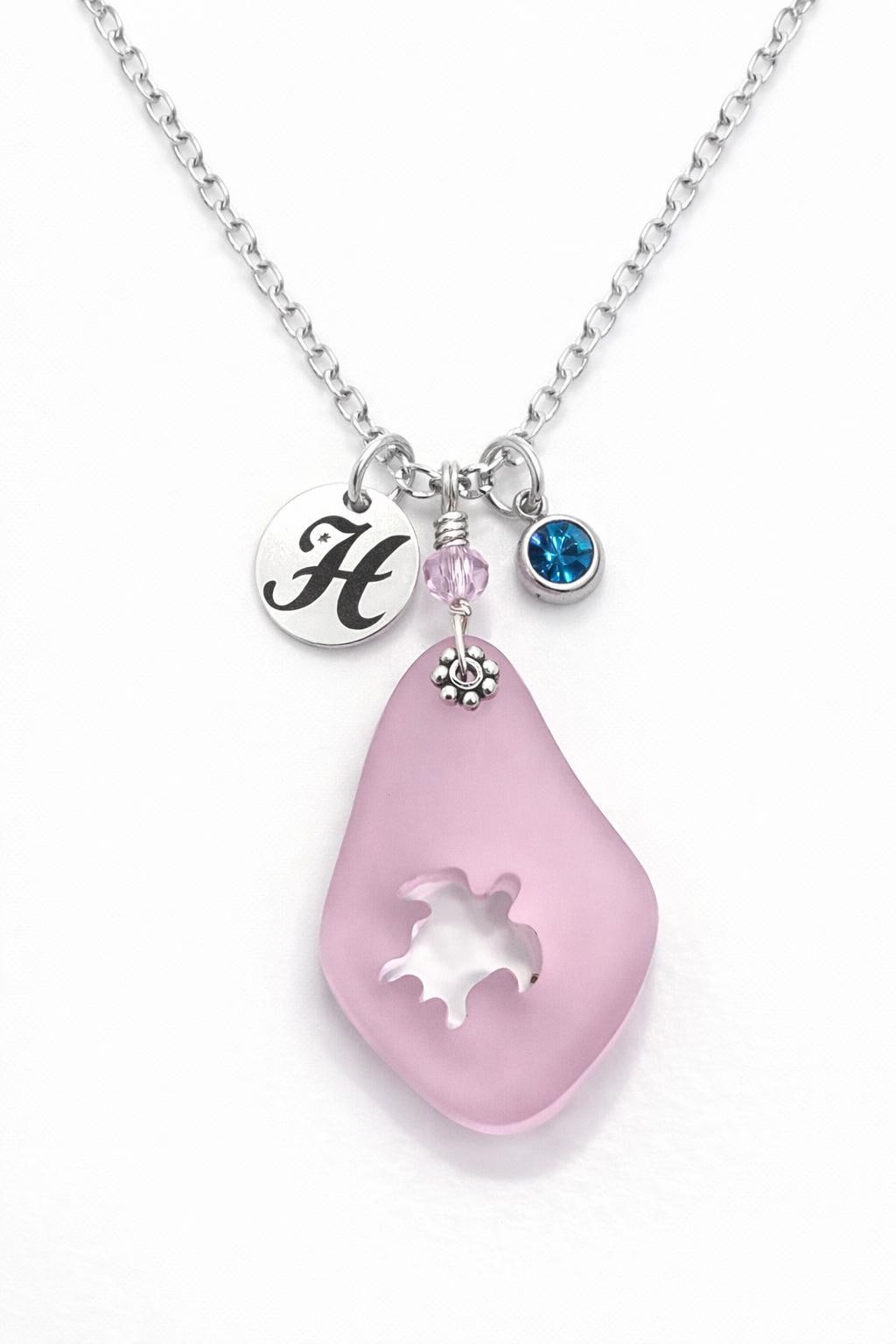 Personalized Sea Glass Turtle Necklace, Initial & Birthstone Charm