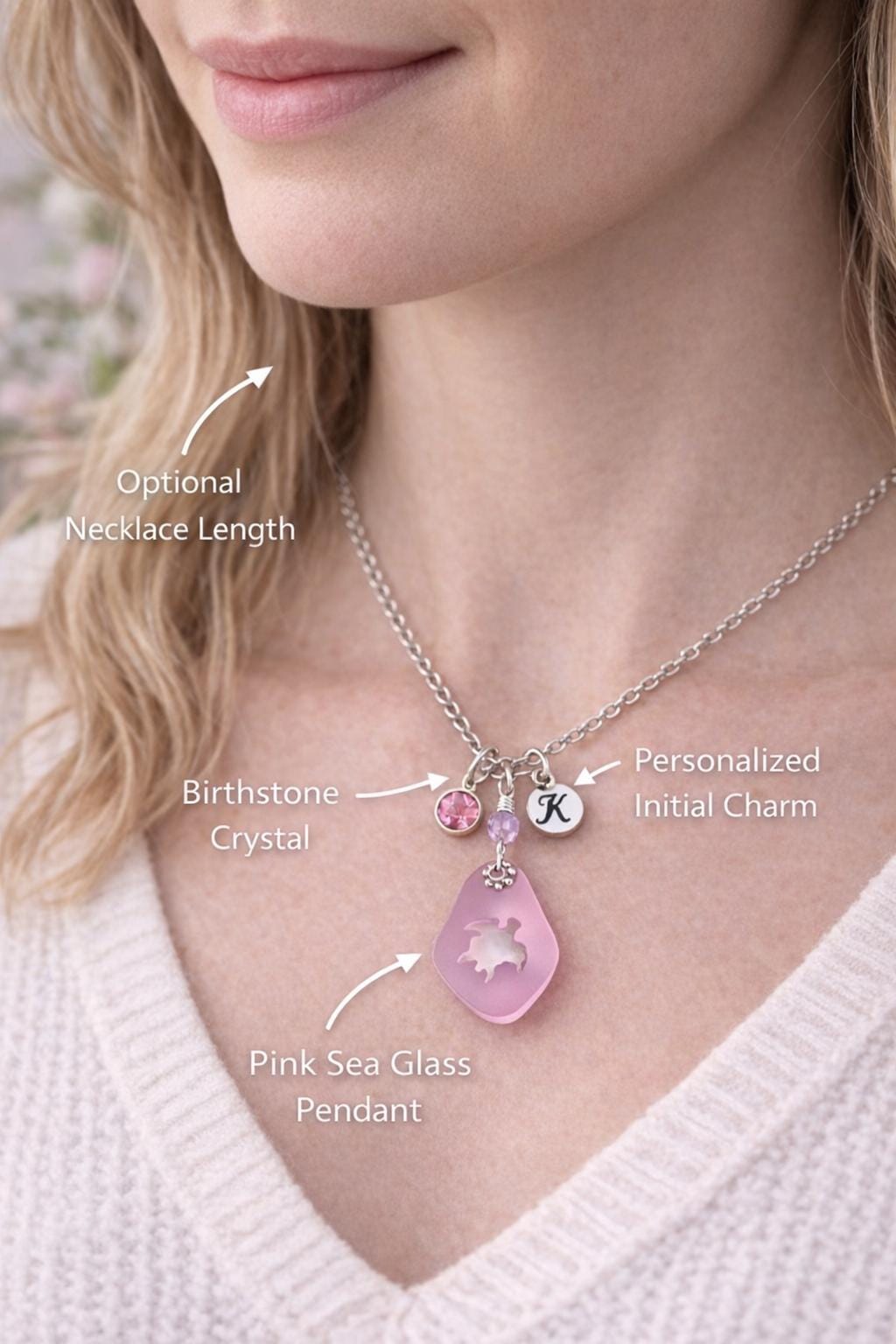 Personalized Sea Glass Turtle Necklace, Initial & Birthstone Charm