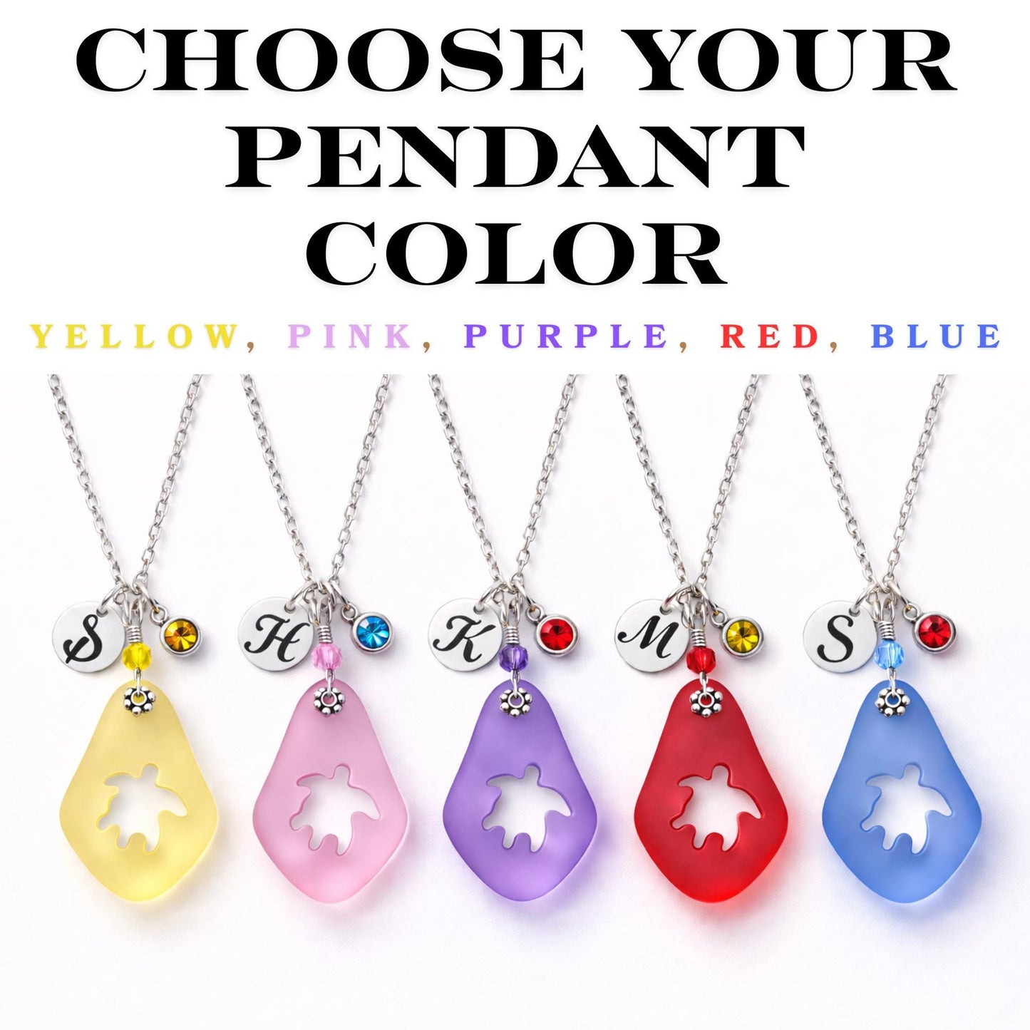 Personalized Sea Glass Turtle Necklace, Initial & Birthstone Charm
