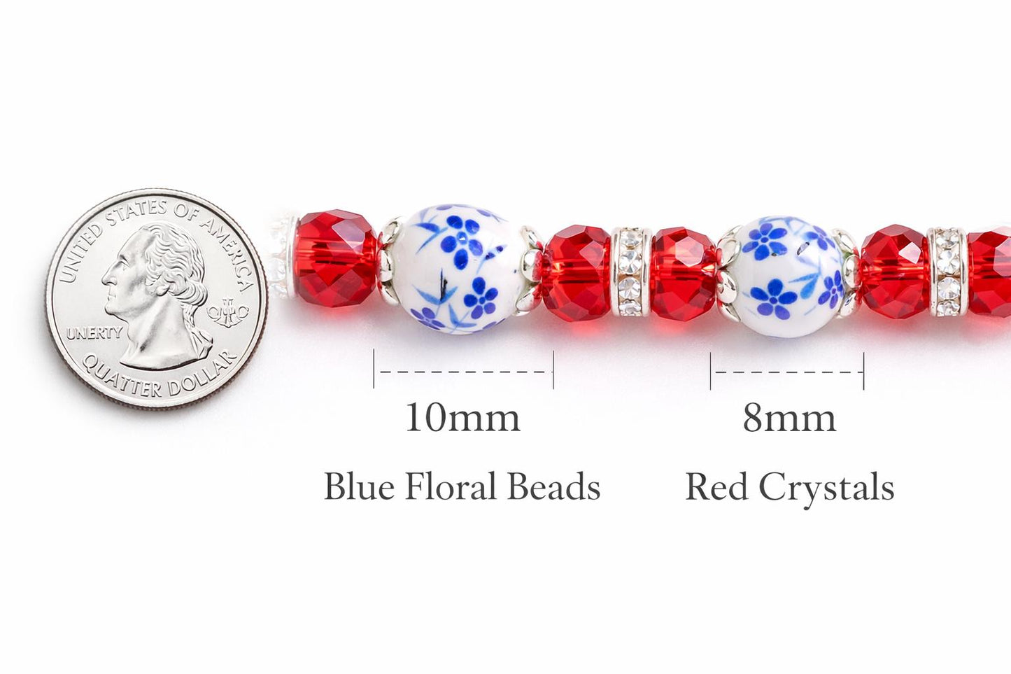 Blue Floral Bracelet, Red Crystal Stretch Bracelet, Hypoallergenic Silver Jewelry, Adjustable Beaded Bracelet, Gift for Her