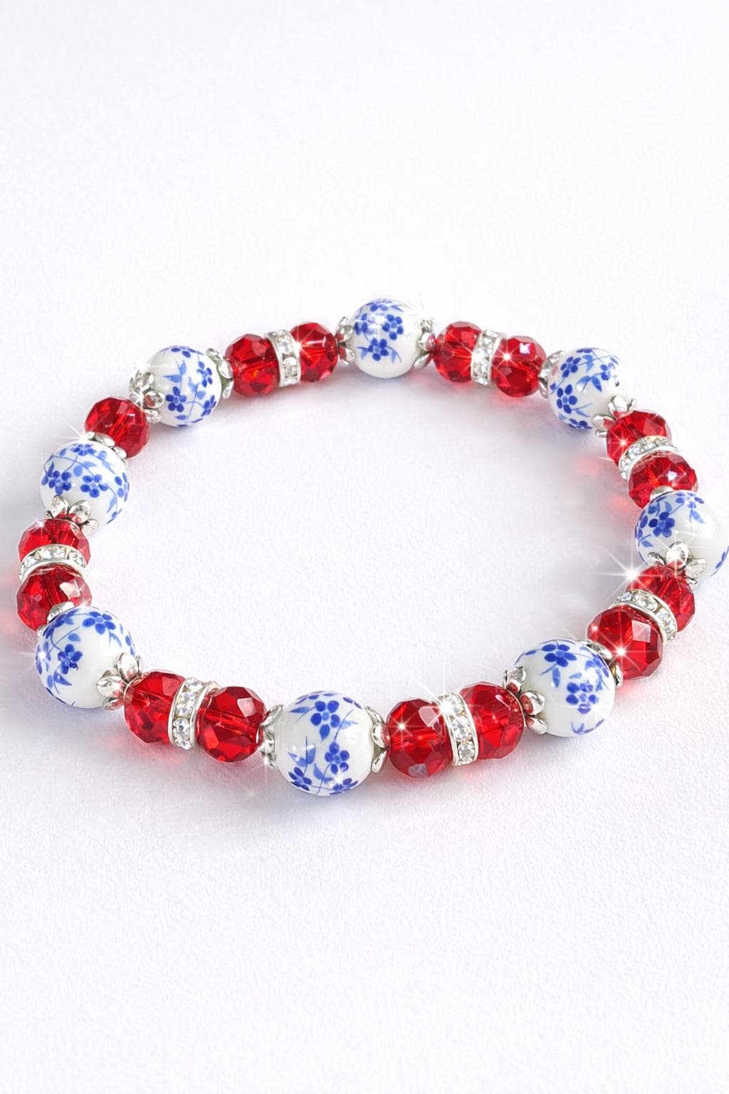 Blue Floral Bracelet, Red Crystal Stretch Bracelet, Hypoallergenic Silver Jewelry, Adjustable Beaded Bracelet, Gift for Her