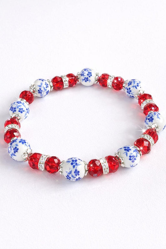 Blue Floral Bracelet, Red Crystal Stretch Bracelet, Hypoallergenic Silver Jewelry, Adjustable Beaded Bracelet, Gift for Her