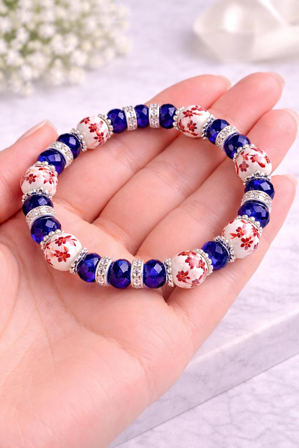 Blue Floral Stretch Bracelet for Women, Hypoallergenic Porcelain & Crystal Bracelet, Custom Comfort Bracelet, Elegant Everyday Jewelry Gift