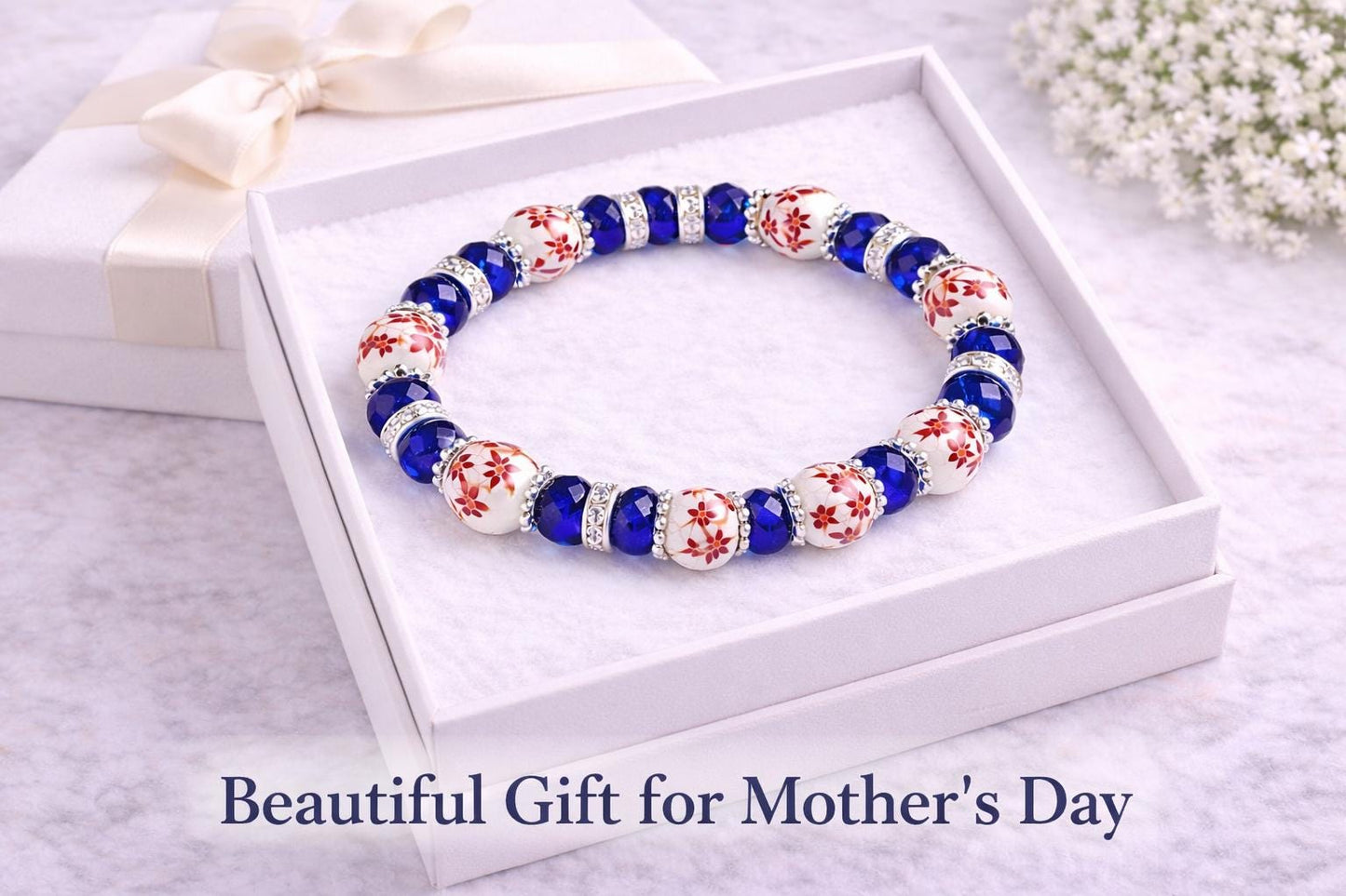 Blue Floral Stretch Bracelet for Women, Hypoallergenic Porcelain & Crystal Bracelet, Custom Comfort Bracelet, Elegant Everyday Jewelry Gift
