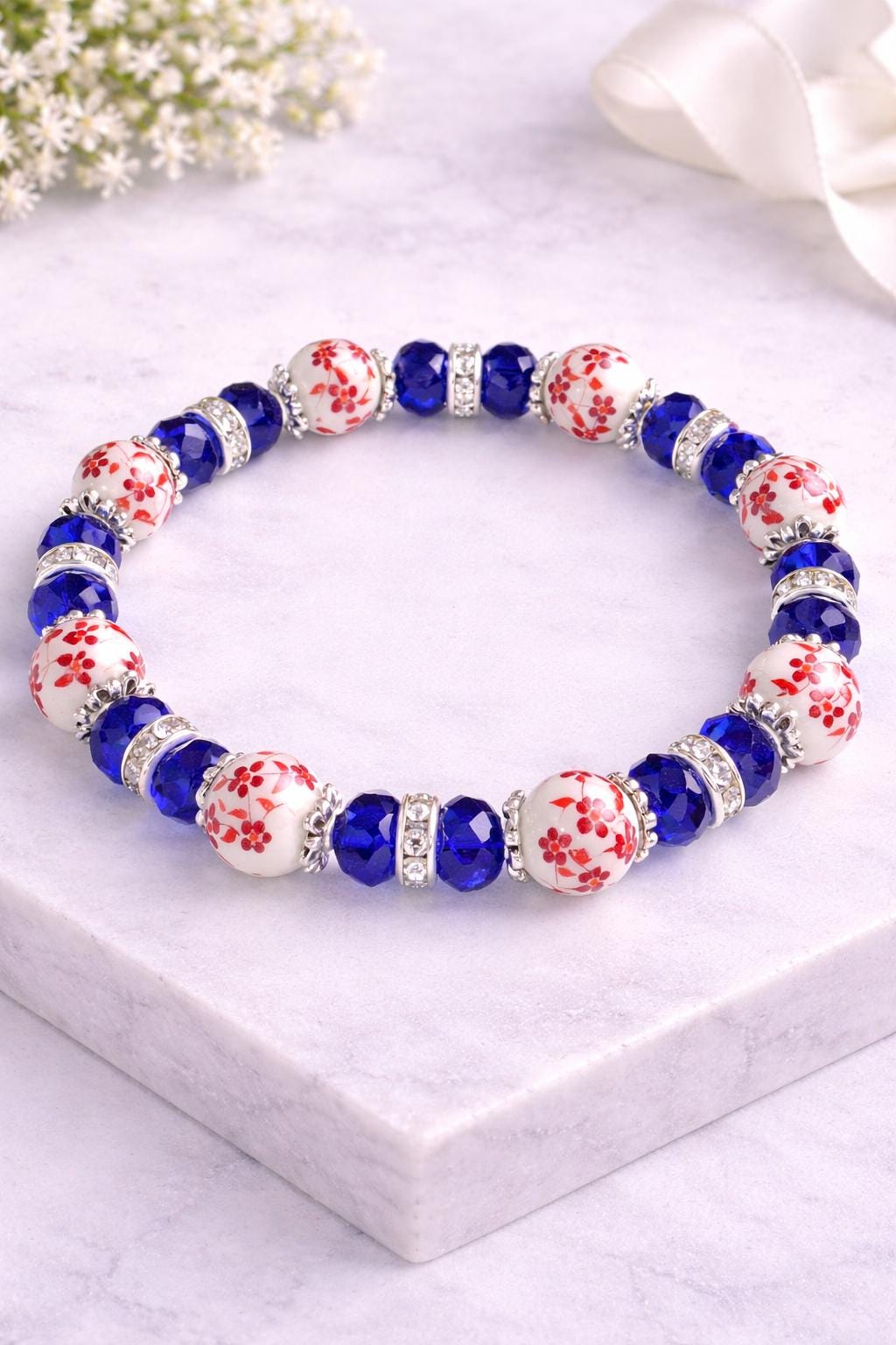 Blue Floral Stretch Bracelet for Women, Hypoallergenic Porcelain & Crystal Bracelet, Custom Comfort Bracelet, Elegant Everyday Jewelry Gift