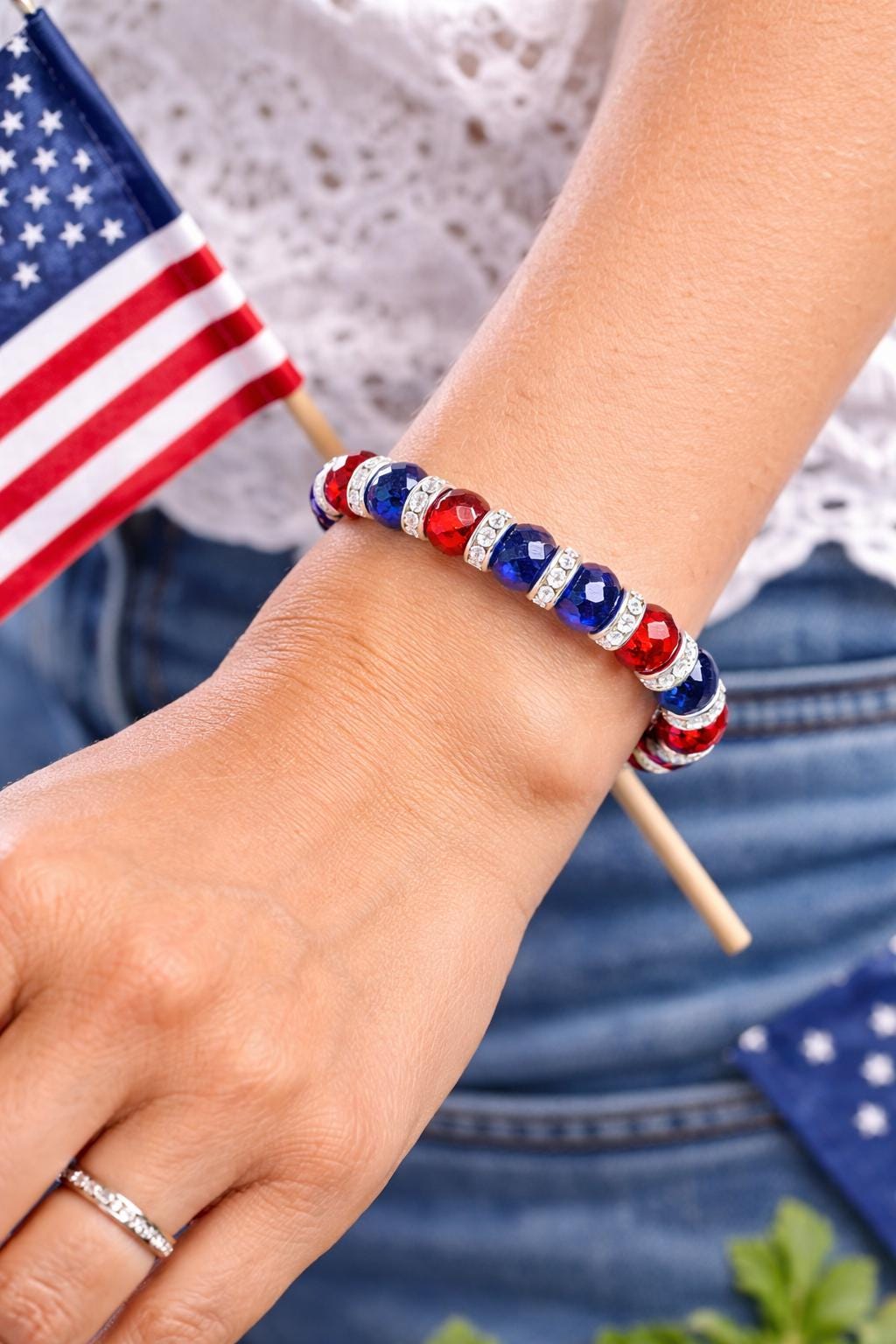 Patriotic Red White Blue Stretch Bracelet – Hypoallergenic Beaded Bracelet, 4th of July Jewelry, Custom Size Comfort Bracelet