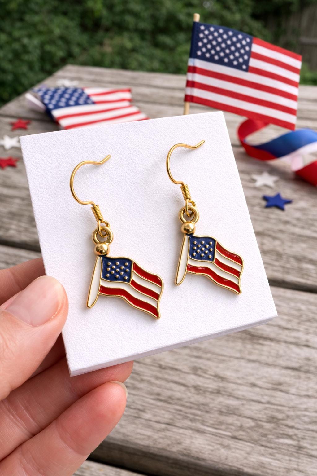 American Flag Dangle Earrings, Small Patriotic Earrings, Lightweight 4th of July Earrings, Gold Tone Hypoallergenic Jewelry