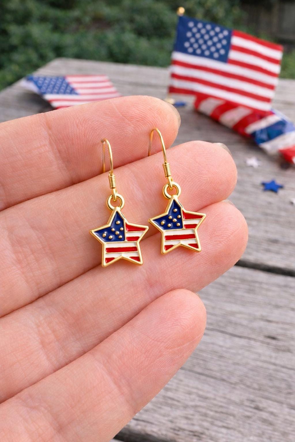 Texas Patriotic Star Earrings, American Flag Star Dangle Earrings, Lightweight Gold Tone Earrings, Texas Pride Jewelry