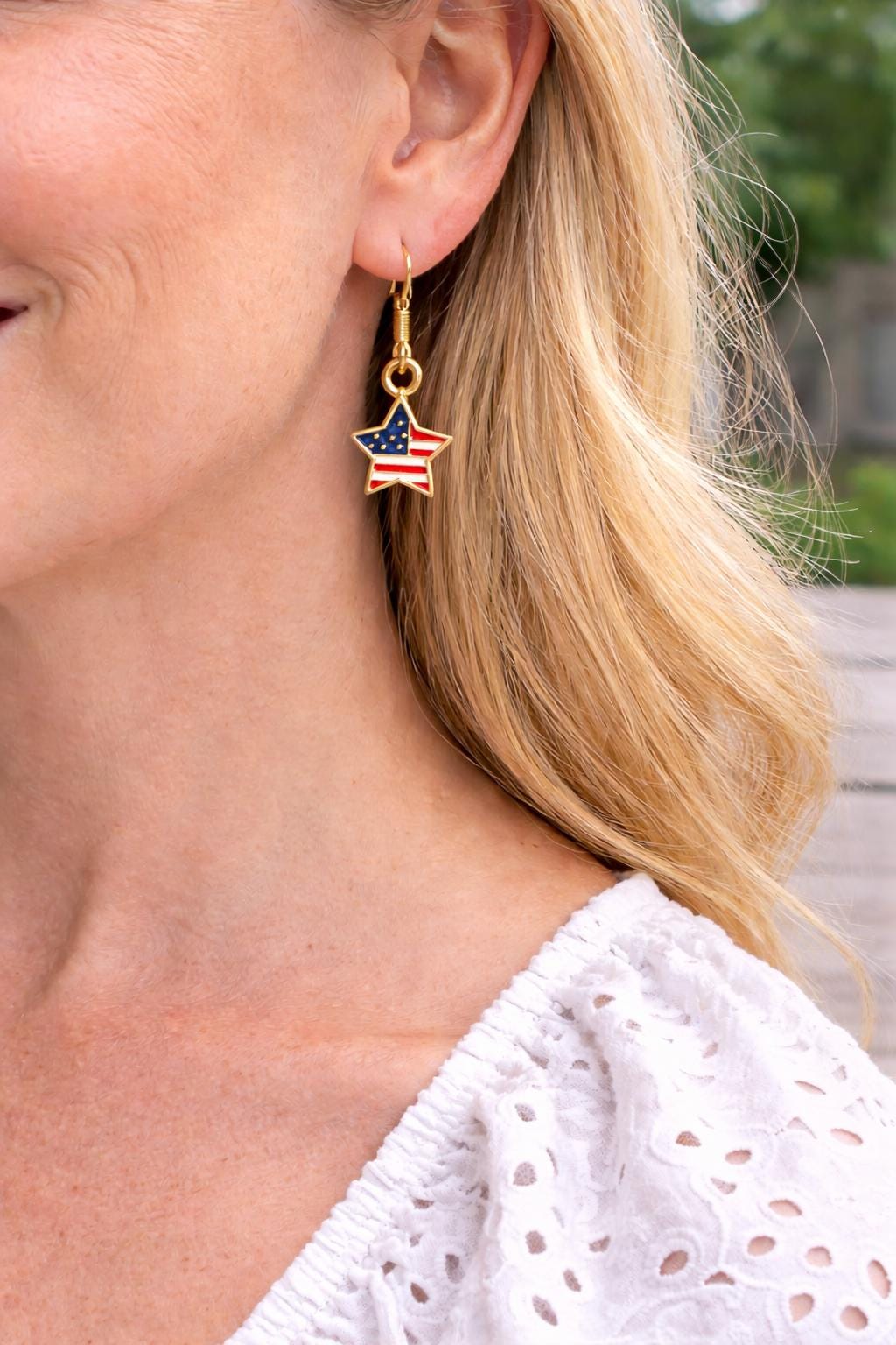 Texas Patriotic Star Earrings, American Flag Star Dangle Earrings, Lightweight Gold Tone Earrings, Texas Pride Jewelry