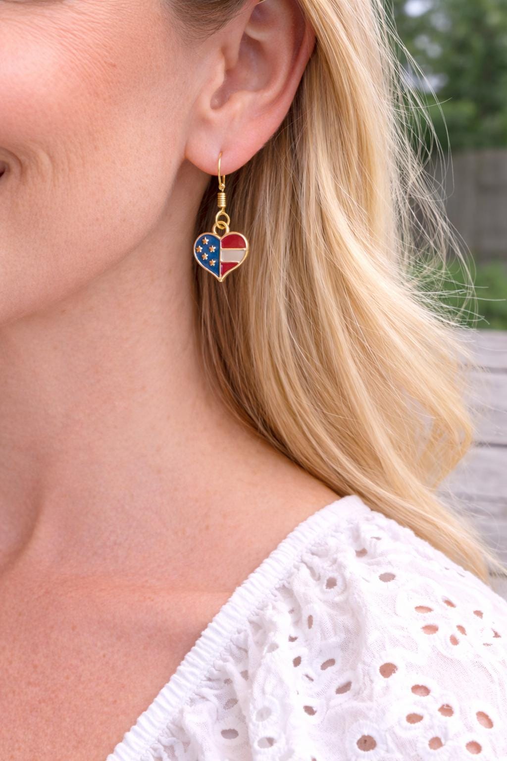 Patriotic Heart Earrings – Red White Blue Dangle Earrings, Gold Heart Earrings for 4th of July, Texas Pride Jewelry Gift