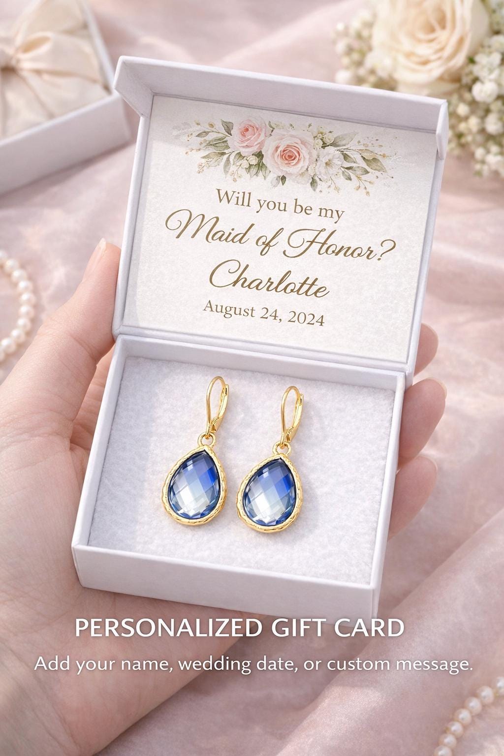Hypoallergenic Bridesmaid Earrings – Blue Teardrop Gold Wedding Jewelry – 18kt Gold Hook or Leverback – Bridal Party Gift Box