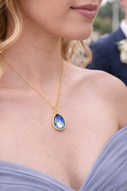 Hypoallergenic Blue Teardrop Necklace – 18kt Gold Wedding Jewelry – Bridesmaid Gift – Something Blue Bridal Necklace