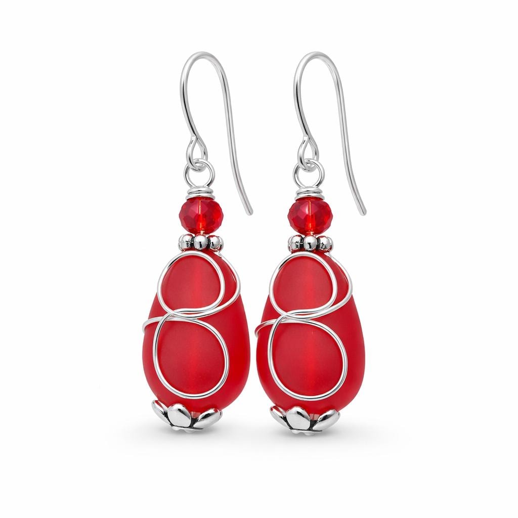 Red Sea Glass Teardrop Earrings | Sterling Silver Dangle Earrings, Coastal Jewelry Gift