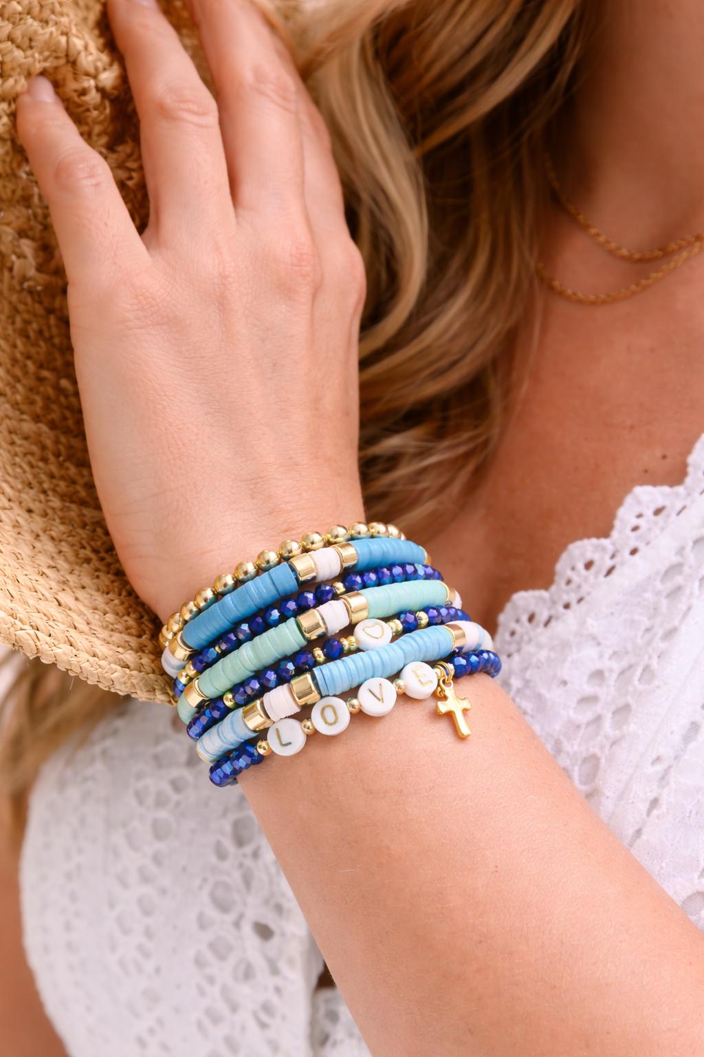 Faith Inspired Stackable Bracelets for Women – Blue & Gold Stretch Bracelet Set, Christian Jewelry Gift, Encouragement Bracelet Stack