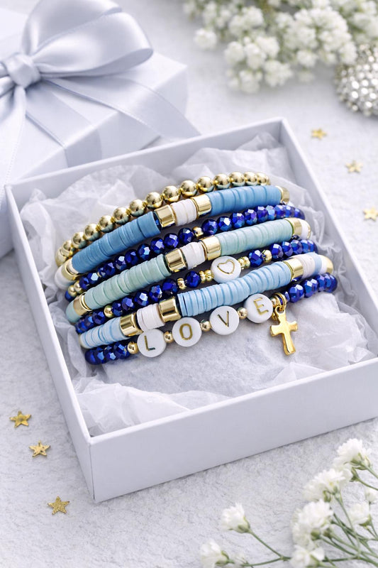 Faith Inspired Stackable Bracelets for Women – Blue & Gold Stretch Bracelet Set, Christian Jewelry Gift, Encouragement Bracelet Stack