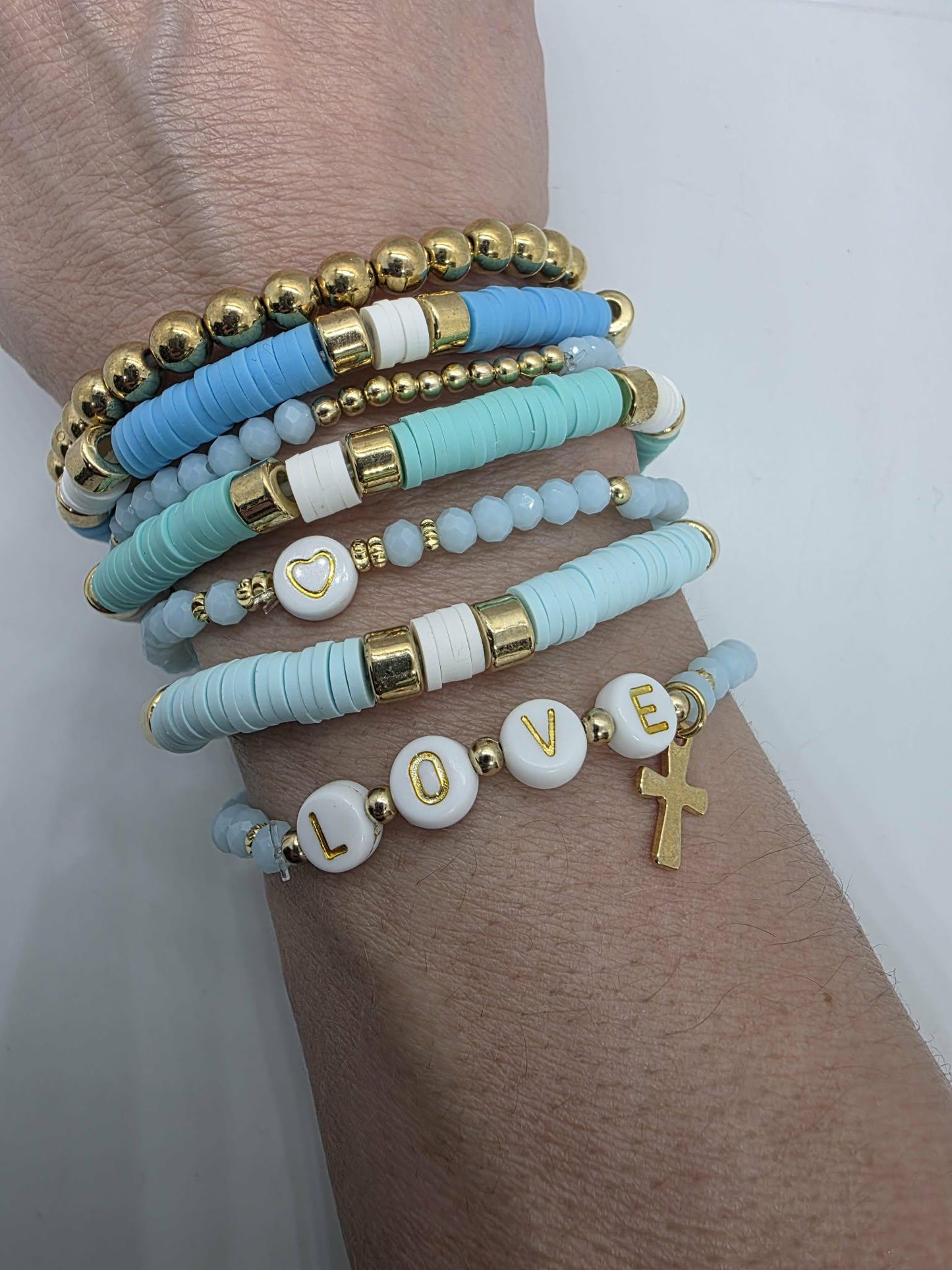 Turquoise Blue Faith Bracelet Stack Set – 7 Piece Stretch Bracelet Set with Cross LOVE Beads, Gold & Ivory Layered Bracelets, Gift for Her