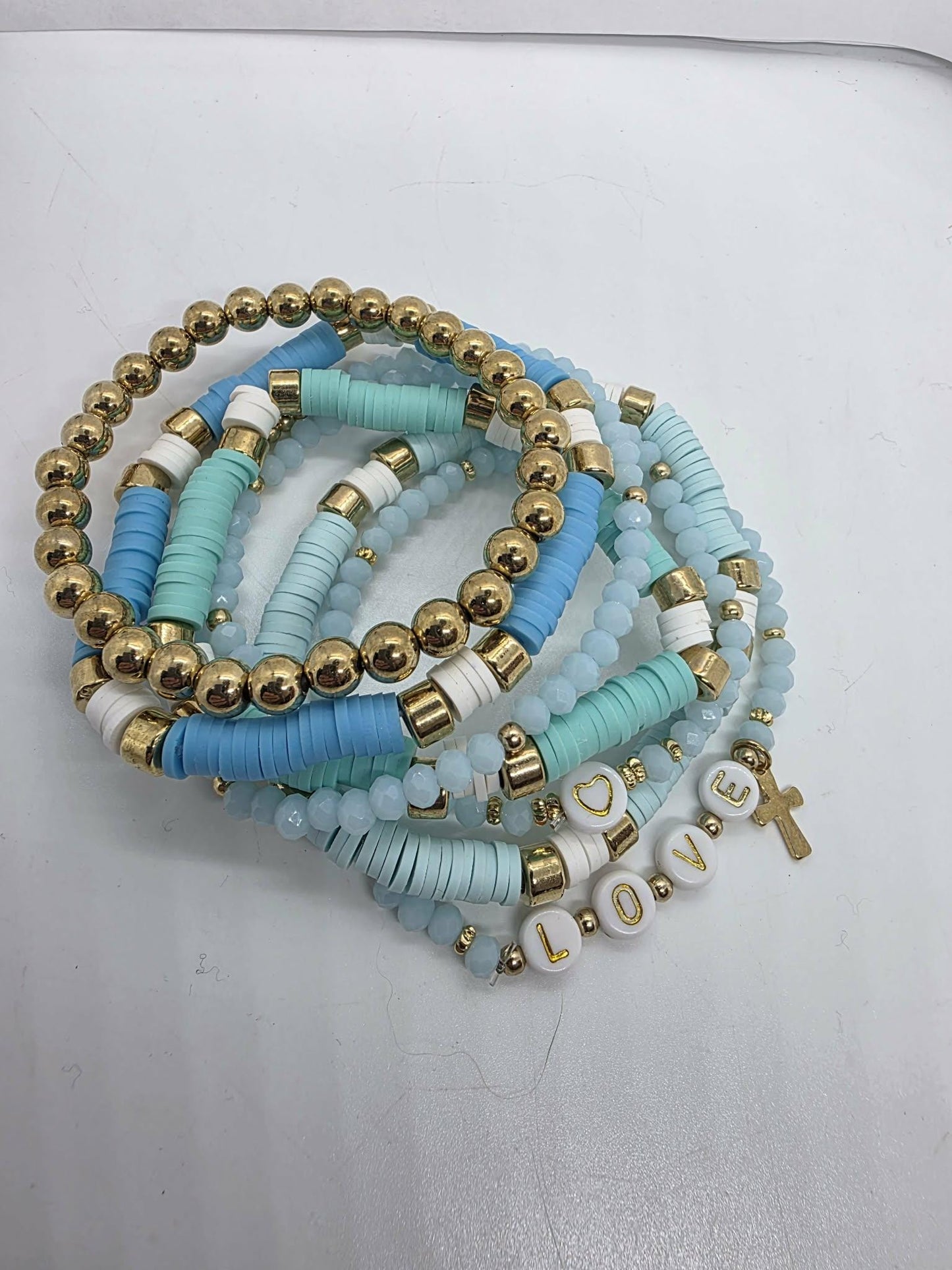 Turquoise Blue Faith Bracelet Stack Set – 7 Piece Stretch Bracelet Set with Cross LOVE Beads, Gold & Ivory Layered Bracelets, Gift for Her