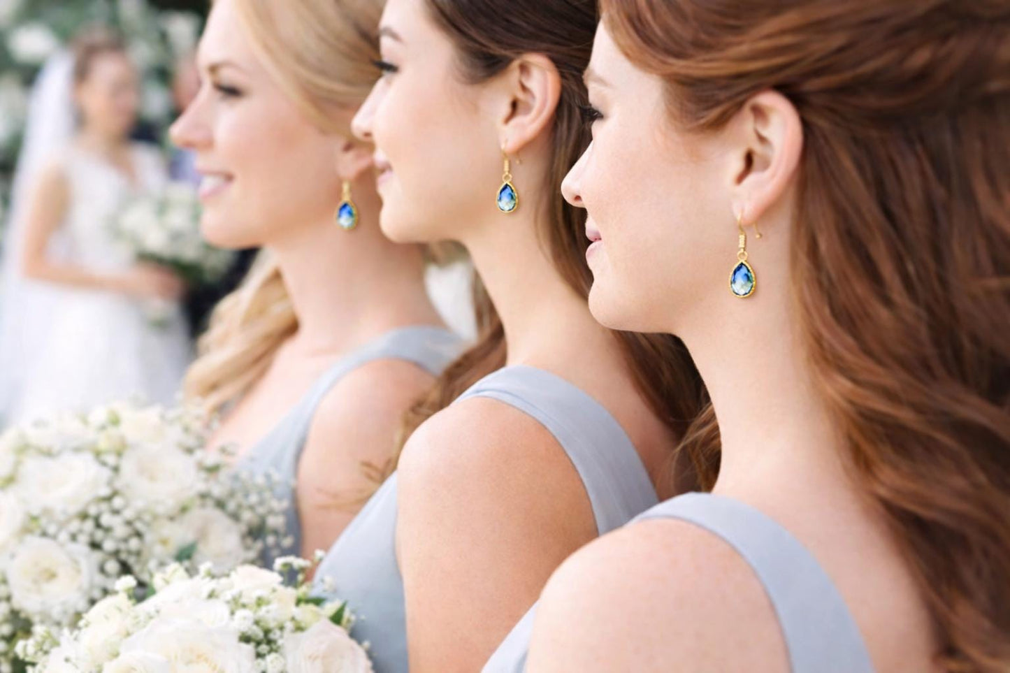 Hypoallergenic Bridesmaid Earrings – Blue Teardrop Gold Wedding Jewelry – 18kt Gold Hook or Leverback – Bridal Party Gift Box
