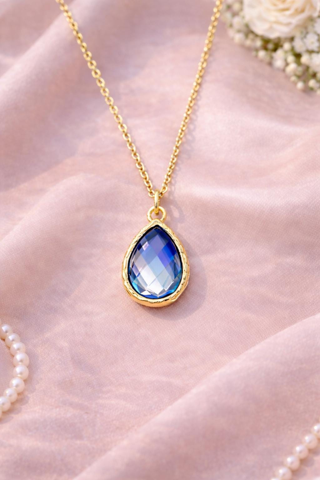 Hypoallergenic Blue Teardrop Necklace – 18kt Gold Wedding Jewelry – Bridesmaid Gift – Something Blue Bridal Necklace