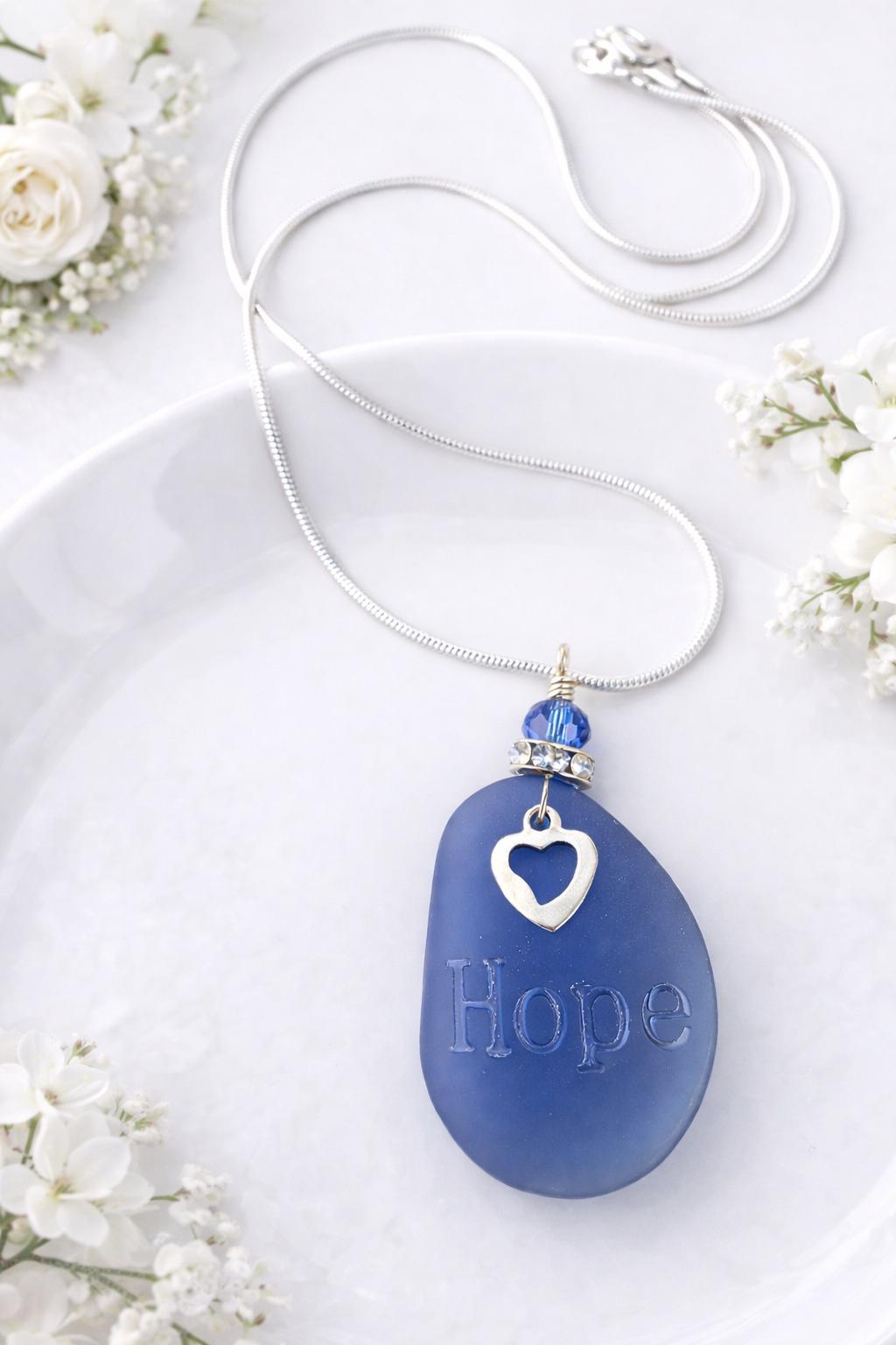 Hope Necklace – Inspirational Encouragement Gift – Sympathy Gift for Friend – Faith Jewelry – Blue Sea Glass Style Pendant – Gift for Her