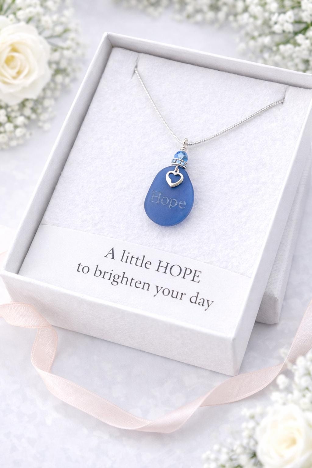 Hope Necklace – Inspirational Encouragement Gift – Sympathy Gift for Friend – Faith Jewelry – Blue Sea Glass Style Pendant – Gift for Her