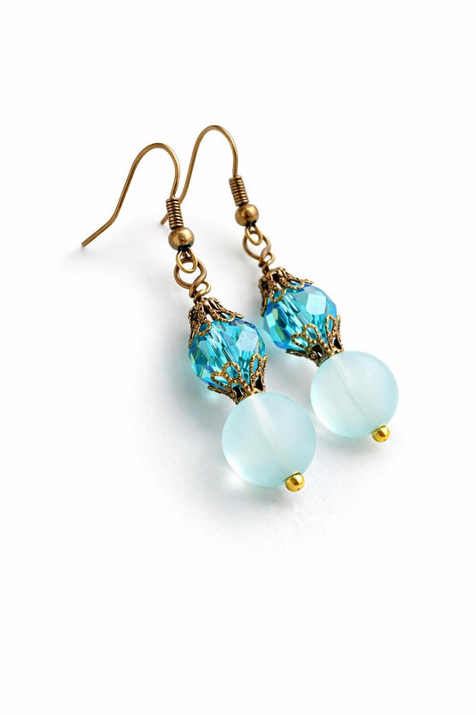 Dangle Earrings Gold Blue Beaded Earrings Lightweight Gift for Her Minimal Jewelry