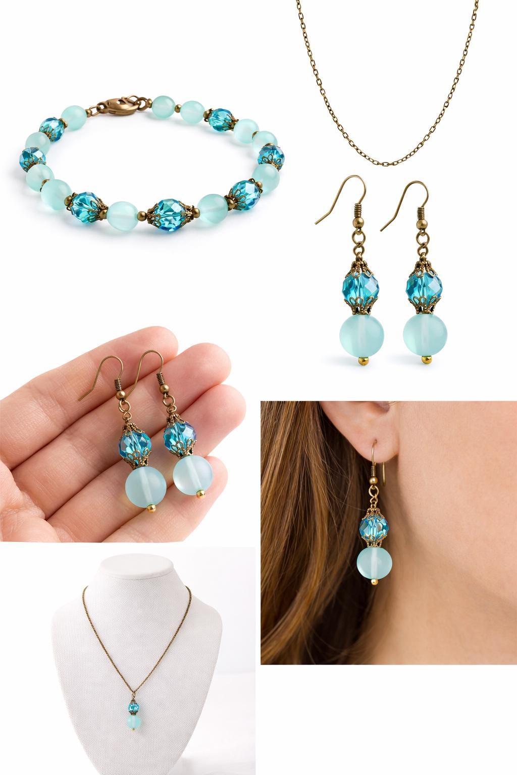 Dangle Earrings Gold Blue Beaded Earrings Lightweight Gift for Her Minimal Jewelry