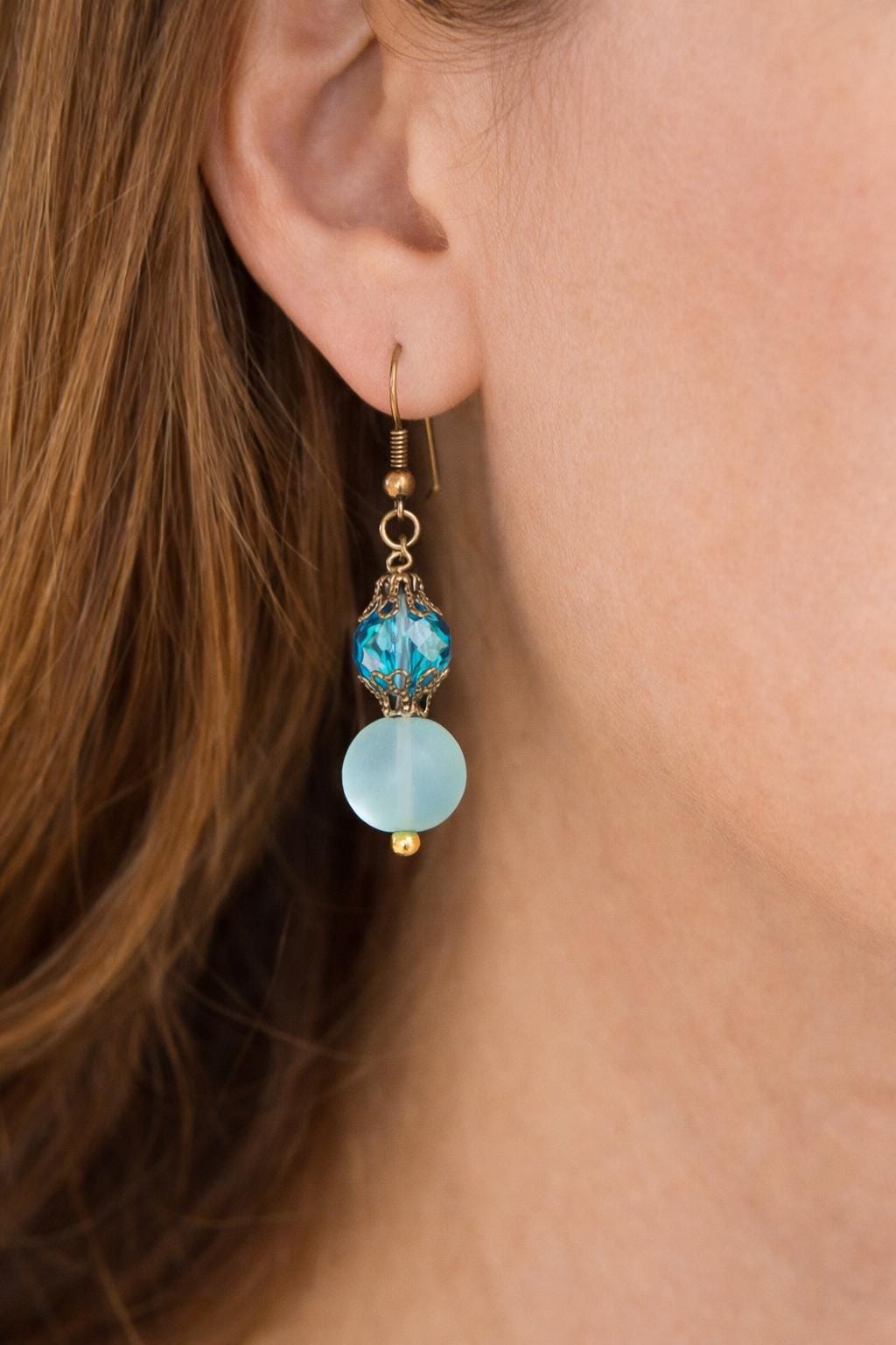 Dangle Earrings Gold Blue Beaded Earrings Lightweight Gift for Her Minimal Jewelry