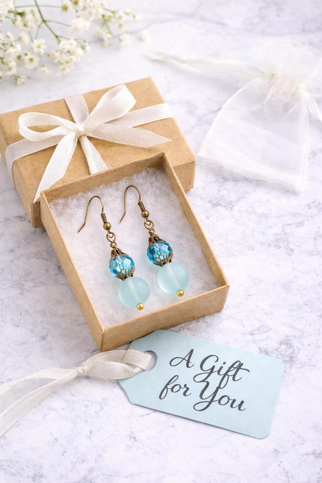 Dangle Earrings Gold Blue Beaded Earrings Lightweight Gift for Her Minimal Jewelry