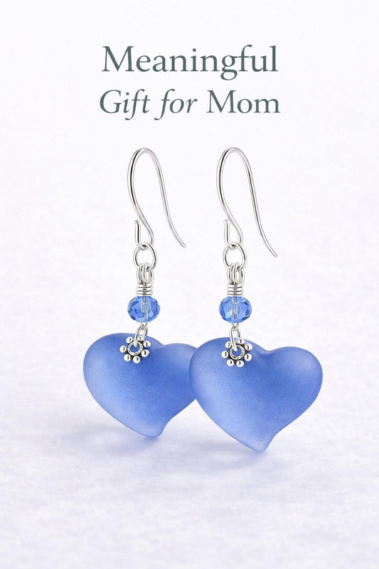 Blue Heart Earrings Gift for Mom, Mother’s Day Jewelry, Meaningful Gift for Mom from Daughter, Dainty Silver Heart Earrings