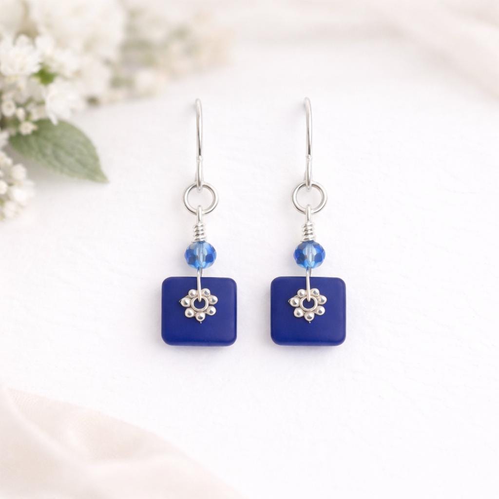Birthday Gift for Her Blue Earrings Minimalist Sterling Silver Dangle Jewelry