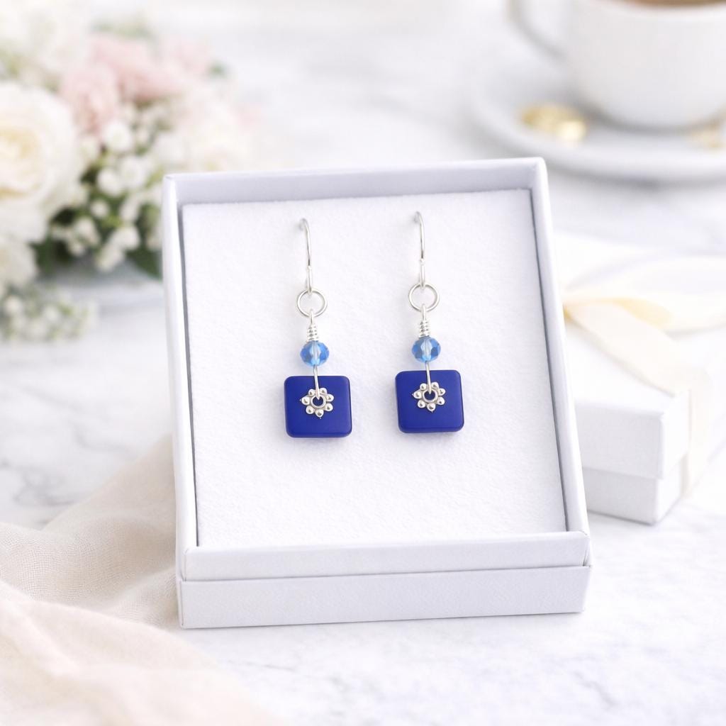 Birthday Gift for Her Blue Earrings Minimalist Sterling Silver Dangle Jewelry