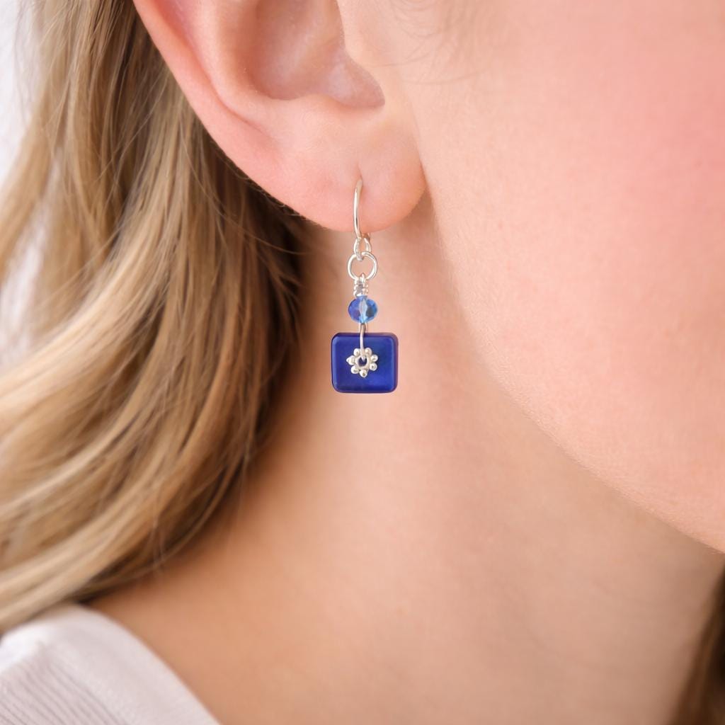 Birthday Gift for Her Blue Earrings Minimalist Sterling Silver Dangle Jewelry